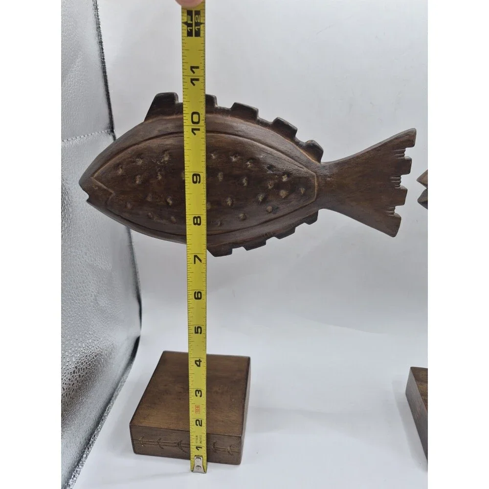Wooden Hand Carved Fish On A Pedestal Portofino Rustic Coastal Decor